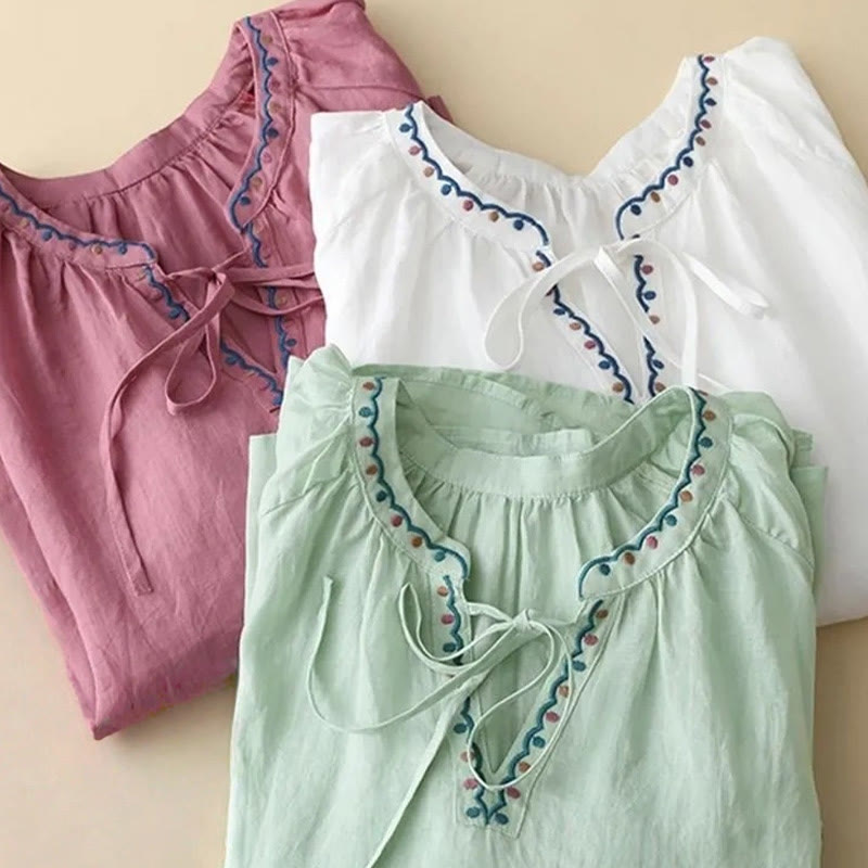 Buddha Stones Summer Embroided Three Quarter Lantern Sleeve Women's Cotton Linen T-Shirt - image 17