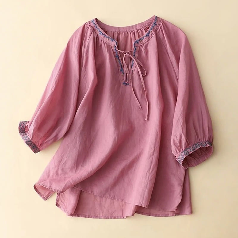 Buddha Stones Summer Embroided Three Quarter Lantern Sleeve Women's Cotton Linen T-Shirt - PaleVioletRed - US14，UK/AU18，EU46 (3XL) - image 12