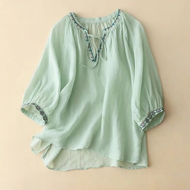 Buddha Stones Summer Embroided Three Quarter Lantern Sleeve Women's Cotton Linen T-Shirt - Aquamarine - US14，UK/AU18，EU46 (3XL) - image 1