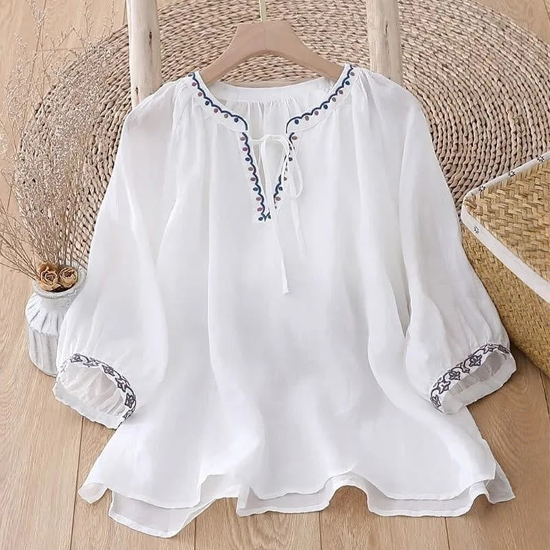 Buddha Stones Summer Embroided Three Quarter Lantern Sleeve Women's Cotton Linen T-Shirt - image 6