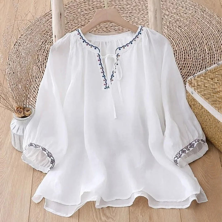 Buddha Stones Summer Embroided Three Quarter Lantern Sleeve Women's Cotton Linen T-Shirt - image 6