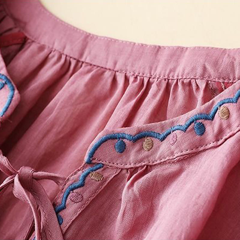 Buddha Stones Summer Embroided Three Quarter Lantern Sleeve Women's Cotton Linen T-Shirt - image 13
