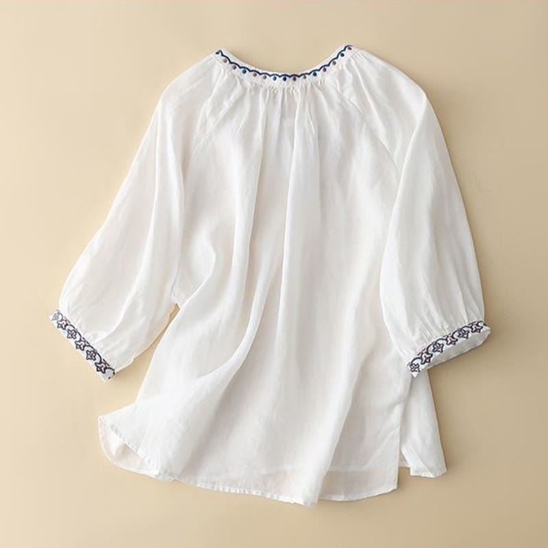 Buddha Stones Summer Embroided Three Quarter Lantern Sleeve Women's Cotton Linen T-Shirt - image 7