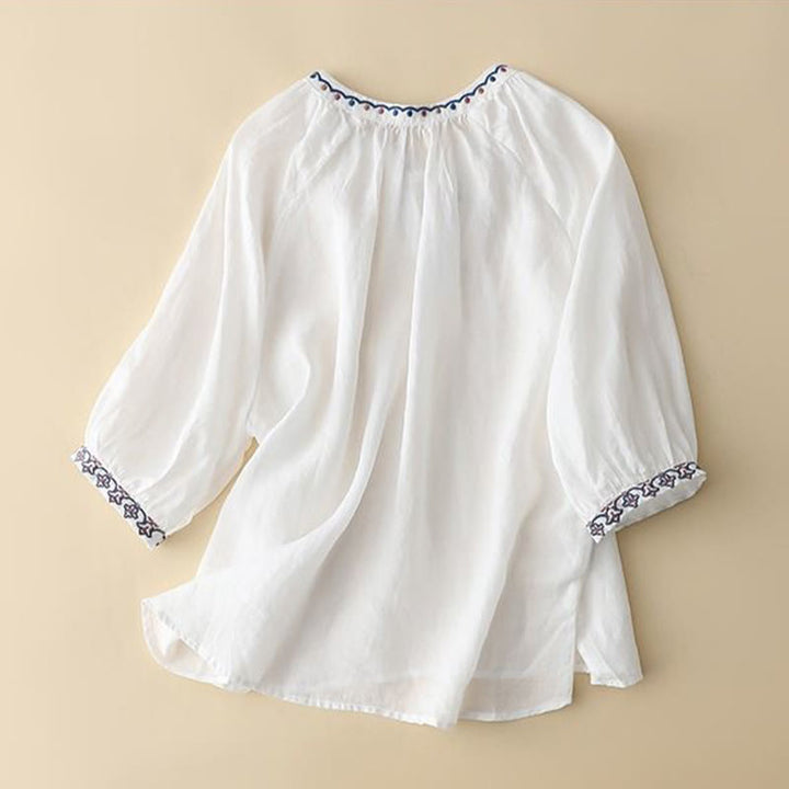 Buddha Stones Summer Embroided Three Quarter Lantern Sleeve Women's Cotton Linen T-Shirt - image 7