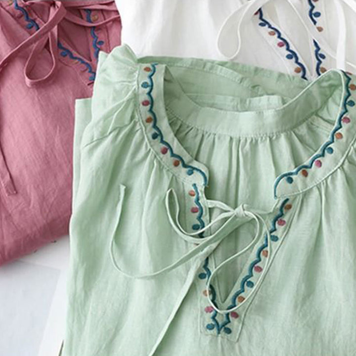 Buddha Stones Summer Embroided Three Quarter Lantern Sleeve Women's Cotton Linen T-Shirt - image 18