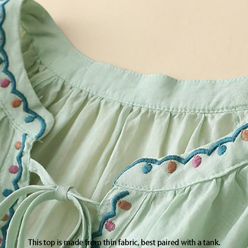 Buddha Stones Summer Embroided Three Quarter Lantern Sleeve Women's Cotton Linen T-Shirt - image 2