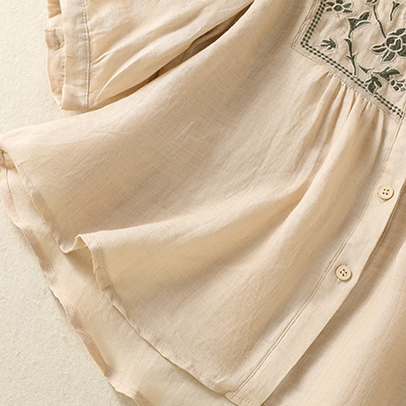 Buddha Stones Embroidery Single Breasted Women's Cotton Linen Three Quarter Sleeve Shirt - image 25