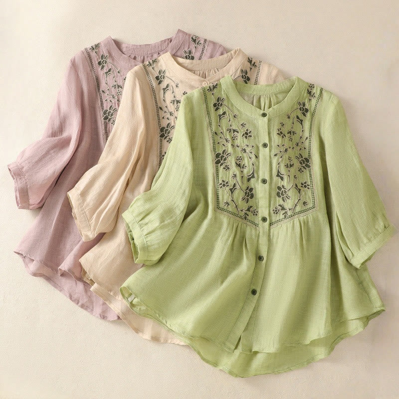Buddha Stones Embroidery Single Breasted Women's Cotton Linen Three Quarter Sleeve Shirt - image 26