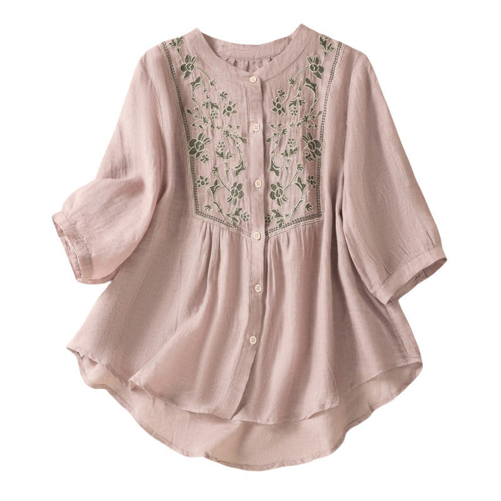 Buddha Stones Embroidery Single Breasted Women's Cotton Linen Three Quarter Sleeve Shirt - image 18