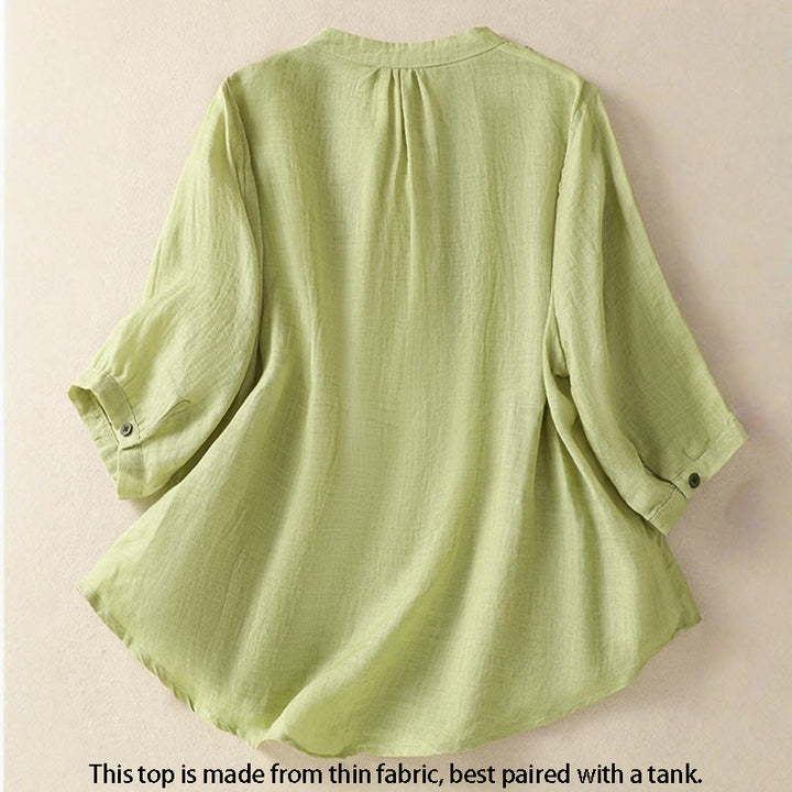 Buddha Stones Embroidery Single Breasted Women's Cotton Linen Three Quarter Sleeve Shirt - image 2