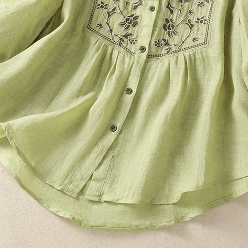 Buddha Stones Embroidery Single Breasted Women's Cotton Linen Three Quarter Sleeve Shirt - image 5