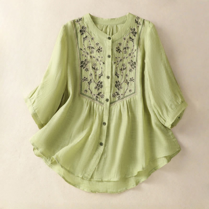 Buddha Stones Embroidery Single Breasted Women's Cotton Linen Three Quarter Sleeve Shirt - LightGreen - US12，UK/AU16，EU44 (2XL) - image 1