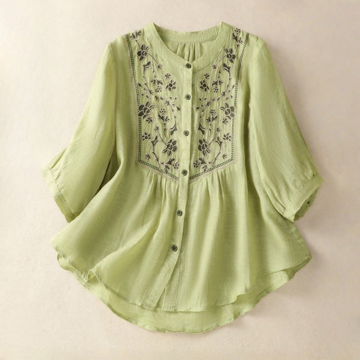 Buddha Stones Embroidery Single Breasted Women's Cotton Linen Three Quarter Sleeve Shirt - LightGreen - US12，UK/AU16，EU44 (2XL) - image 1