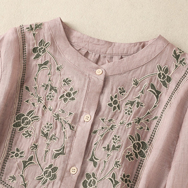 Buddha Stones Embroidery Single Breasted Women's Cotton Linen Three Quarter Sleeve Shirt - image 12
