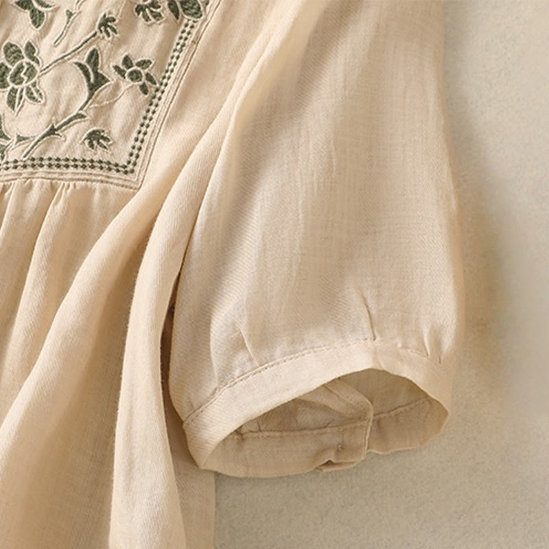 Buddha Stones Embroidery Single Breasted Women's Cotton Linen Three Quarter Sleeve Shirt - image 23