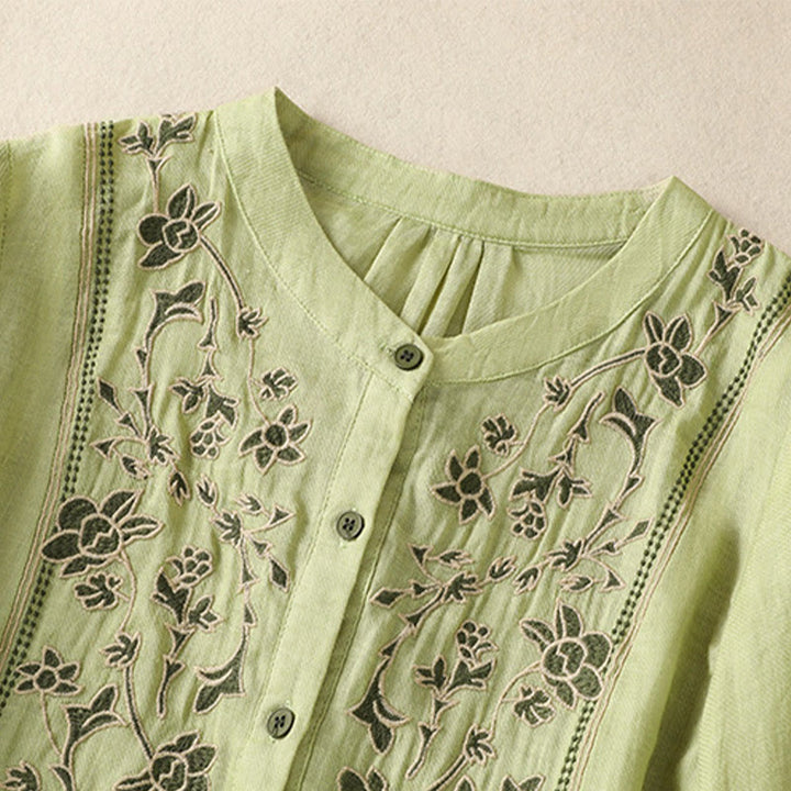 Buddha Stones Embroidery Single Breasted Women's Cotton Linen Three Quarter Sleeve Shirt - image 3