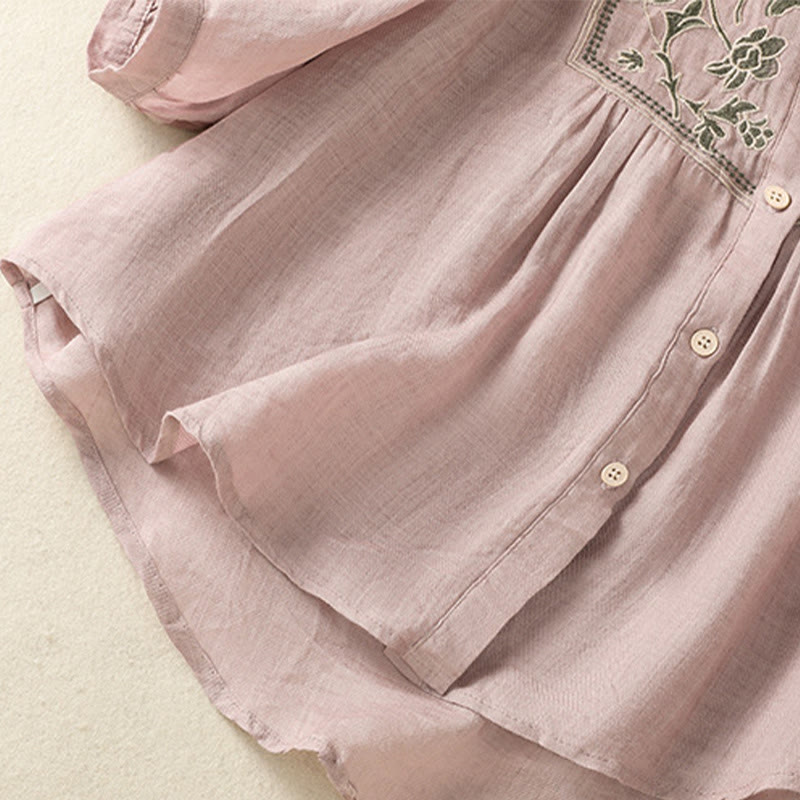 Buddha Stones Embroidery Single Breasted Women's Cotton Linen Three Quarter Sleeve Shirt - image 16