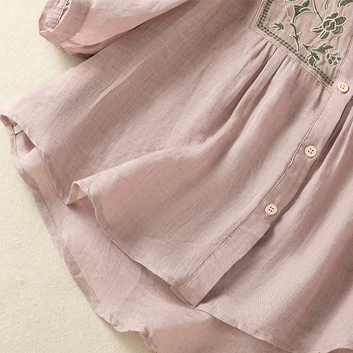 Buddha Stones Embroidery Single Breasted Women's Cotton Linen Three Quarter Sleeve Shirt - image 16