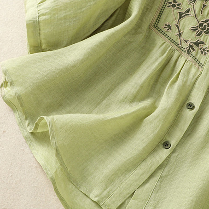 Buddha Stones Embroidery Single Breasted Women's Cotton Linen Three Quarter Sleeve Shirt - image 7