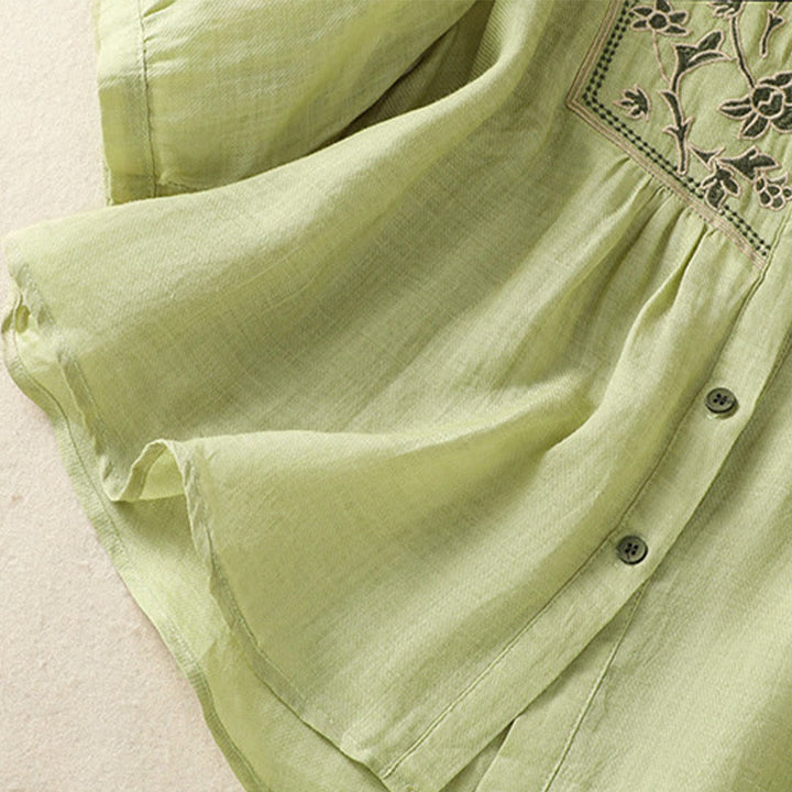 Buddha Stones Embroidery Single Breasted Women's Cotton Linen Three Quarter Sleeve Shirt - image 7
