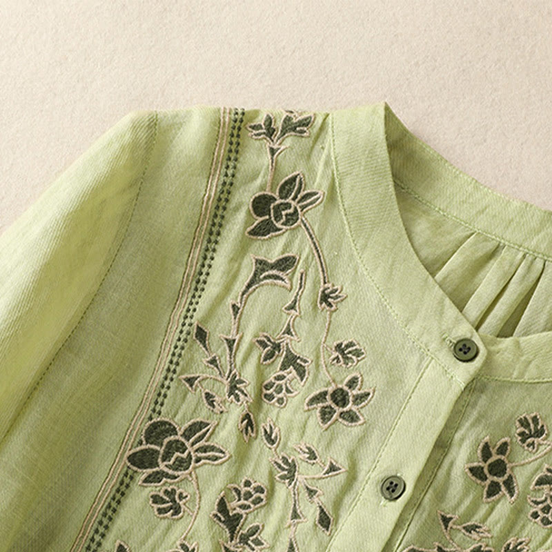 Buddha Stones Embroidery Single Breasted Women's Cotton Linen Three Quarter Sleeve Shirt - image 3