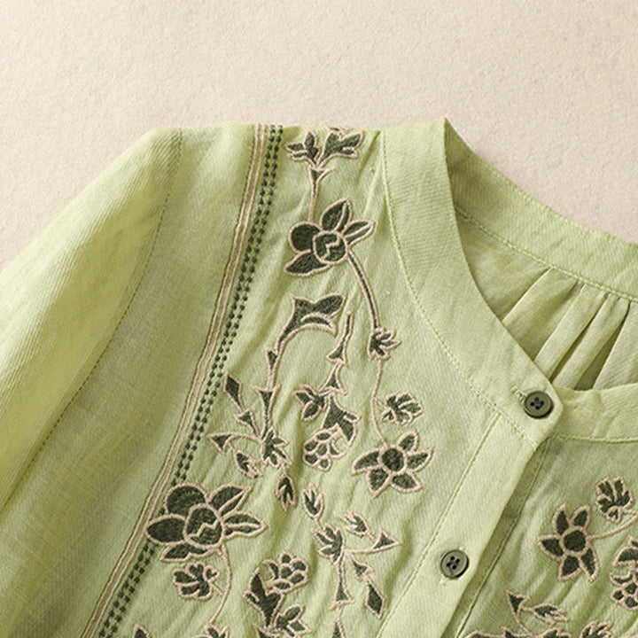 Buddha Stones Embroidery Single Breasted Women's Cotton Linen Three Quarter Sleeve Shirt - image 3