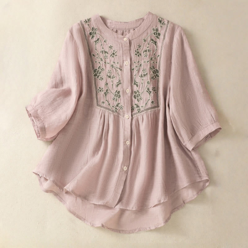 Buddha Stones Embroidery Single Breasted Women's Cotton Linen Three Quarter Sleeve Shirt - RosyBrown - US12，UK/AU16，EU44 (2XL) - image 10