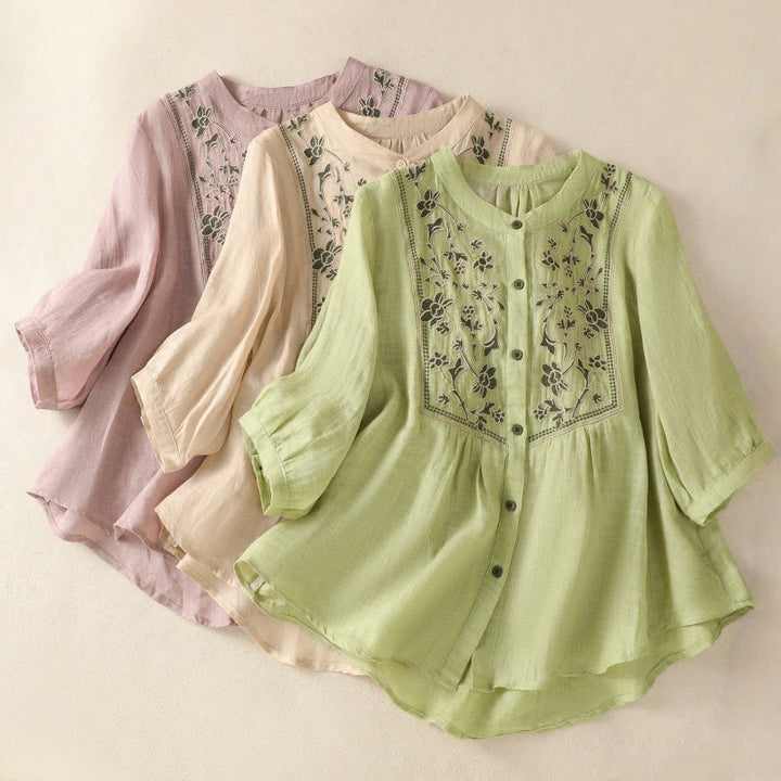 Buddha Stones Embroidery Single Breasted Women's Cotton Linen Three Quarter Sleeve Shirt - image 25