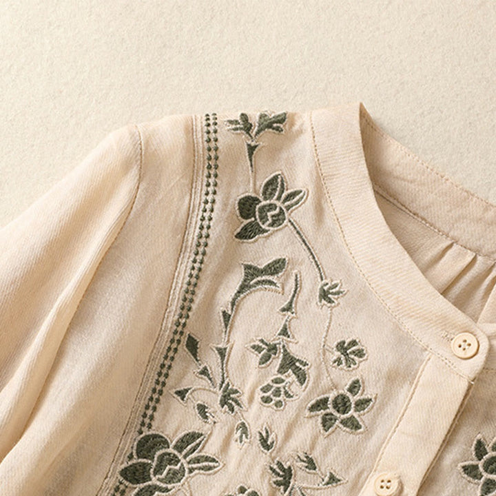 Buddha Stones Embroidery Single Breasted Women's Cotton Linen Three Quarter Sleeve Shirt - image 22