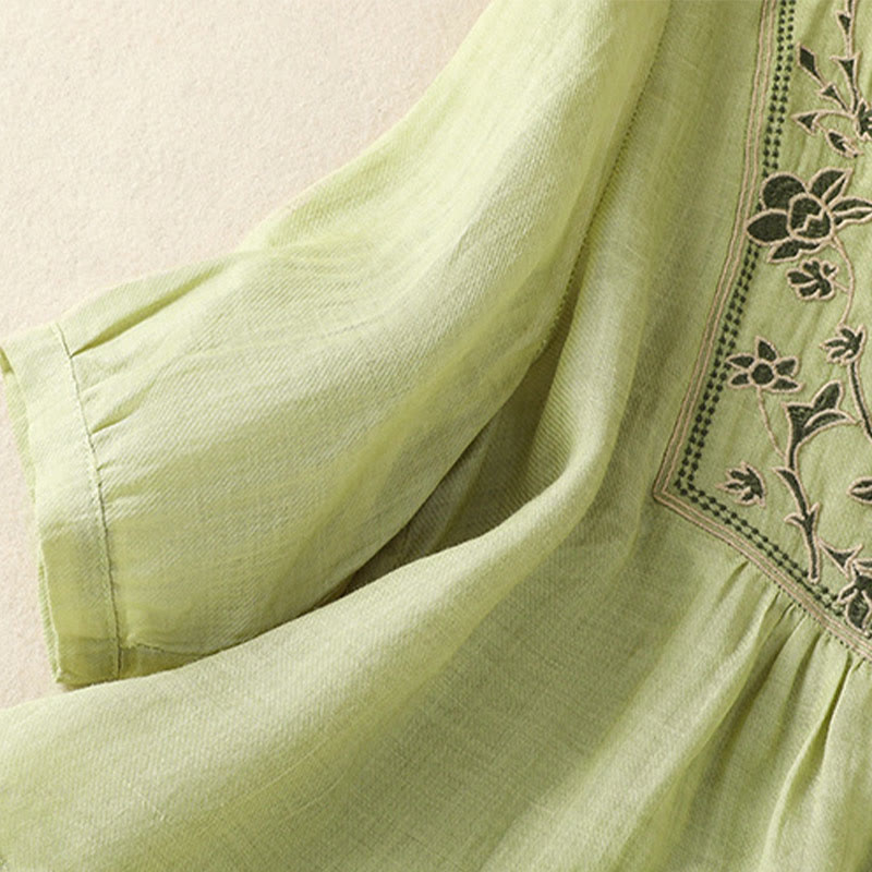 Buddha Stones Embroidery Single Breasted Women's Cotton Linen Three Quarter Sleeve Shirt - image 9