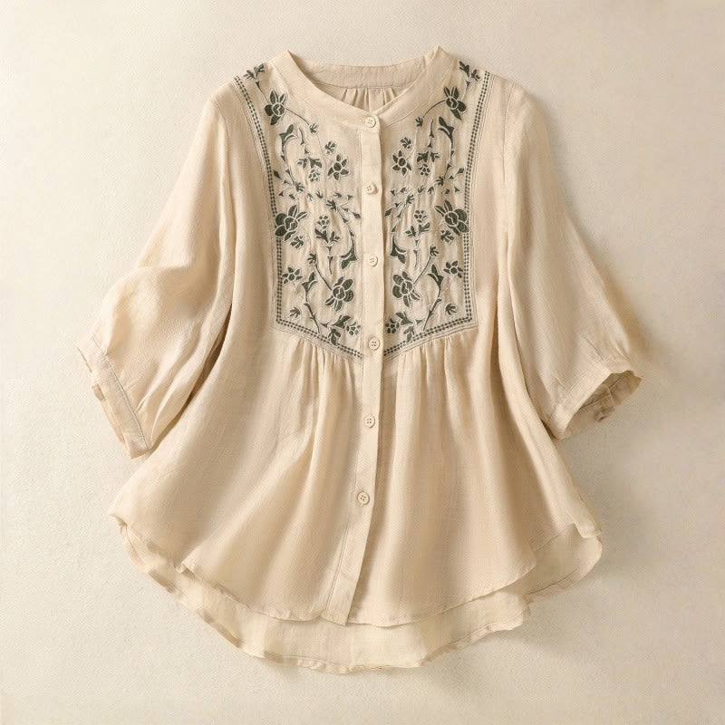 Buddha Stones Embroidery Single Breasted Women's Cotton Linen Three Quarter Sleeve Shirt - PaleGoldenrod - US12，UK/AU16，EU44 (2XL) - image 19