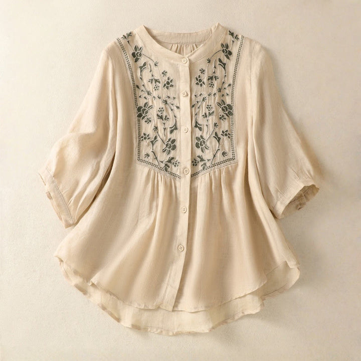 Buddha Stones Embroidery Single Breasted Women's Cotton Linen Three Quarter Sleeve Shirt - PaleGoldenrod - US12，UK/AU16，EU44 (2XL) - image 19