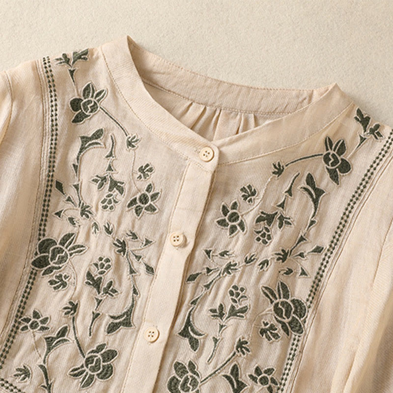 Buddha Stones Embroidery Single Breasted Women's Cotton Linen Three Quarter Sleeve Shirt - image 19