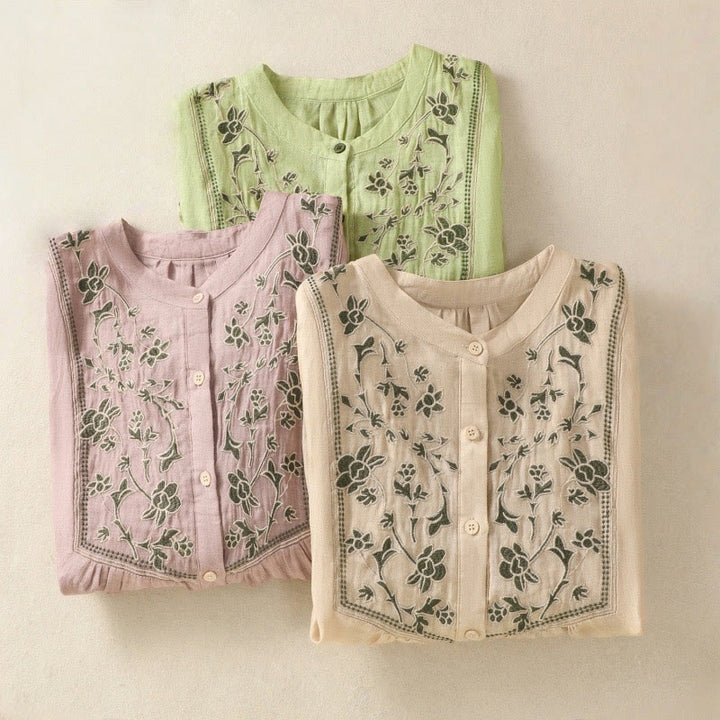 Buddha Stones Embroidery Single Breasted Women's Cotton Linen Three Quarter Sleeve Shirt - image 27