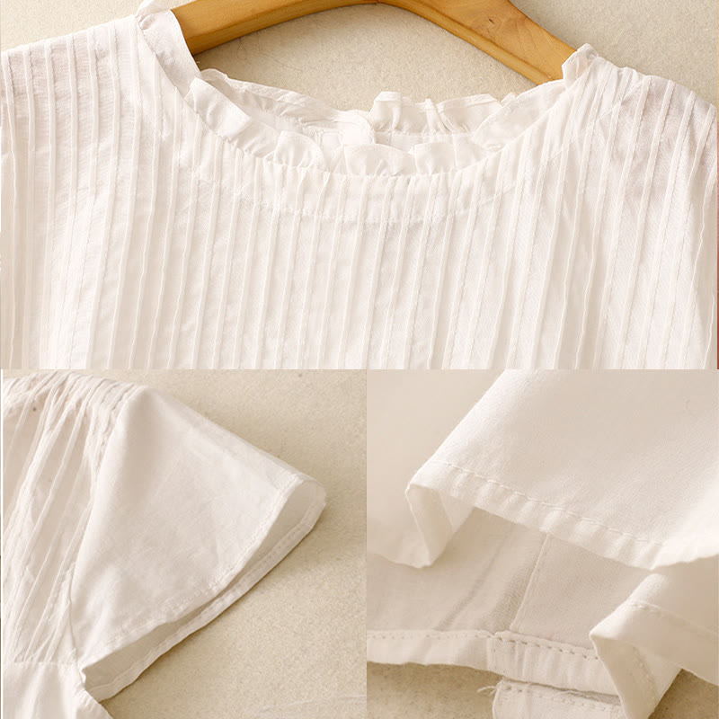 Buddha Stones Summer Pure Color Ruffled Pleated Design Women's Cotton Short Sleeve Shirt - image 15
