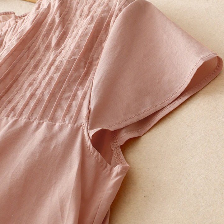 Buddha Stones Summer Pure Color Ruffled Pleated Design Women's Short Sleeve Shirt - image 3