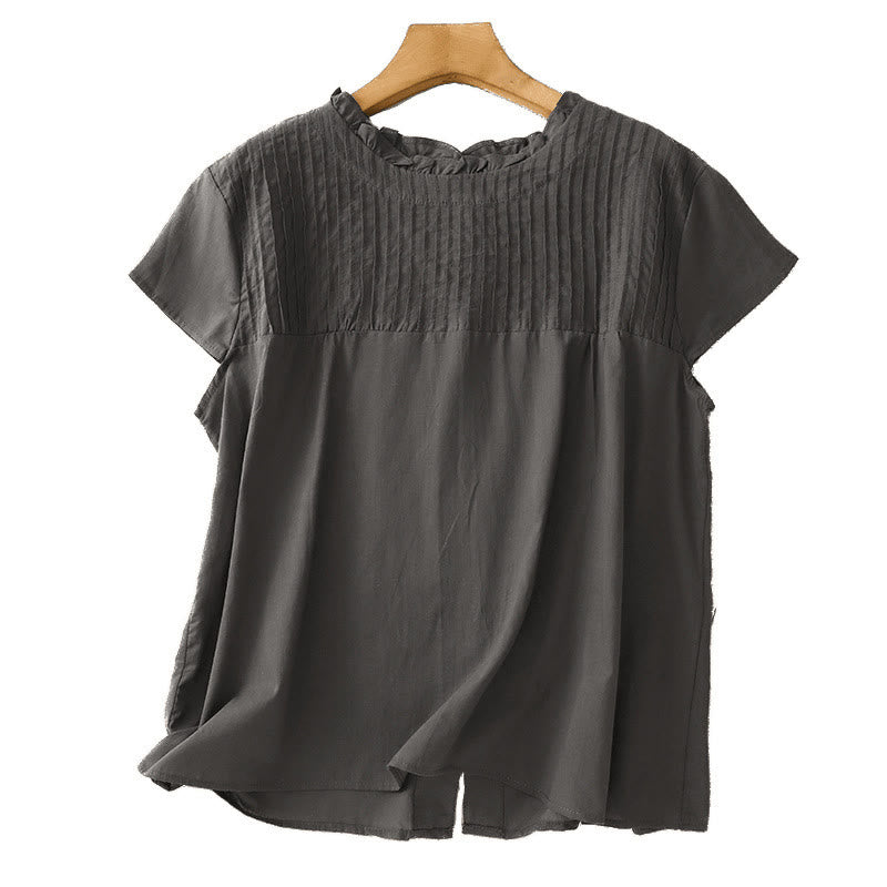 Buddha Stones Summer Pure Color Ruffled Pleated Design Women's Cotton Short Sleeve Shirt - image 10