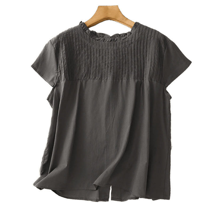 Buddha Stones Summer Pure Color Ruffled Pleated Design Women's Cotton Short Sleeve Shirt - image 10