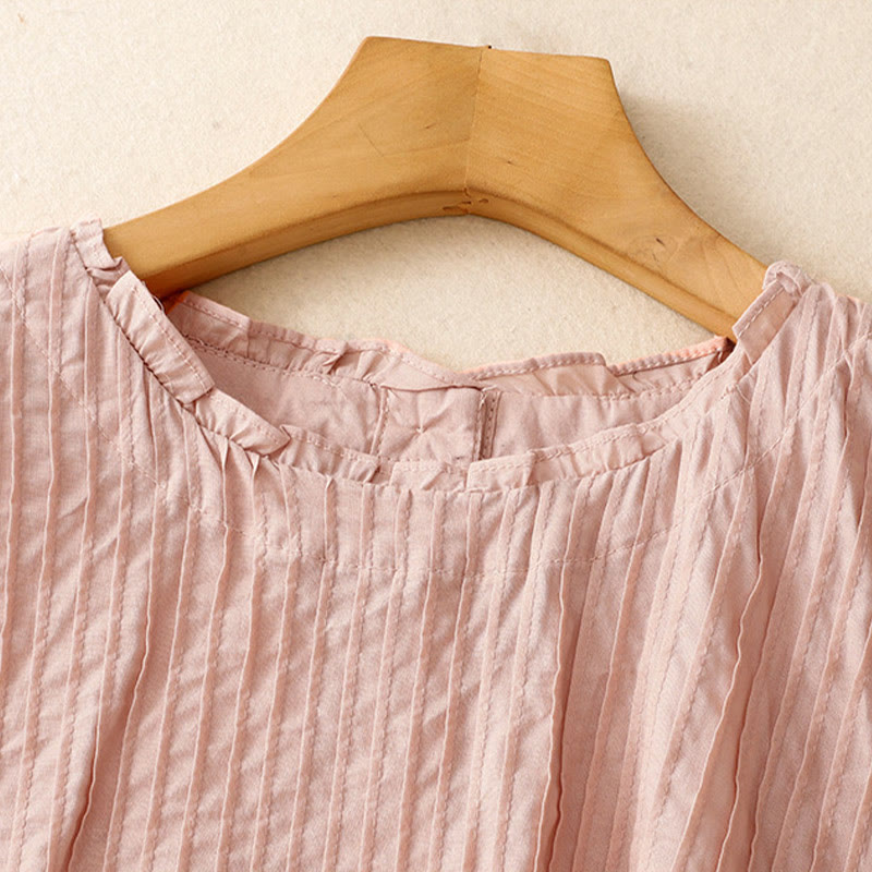 Buddha Stones Summer Pure Color Ruffled Pleated Design Women's Cotton Short Sleeve Shirt - image 3