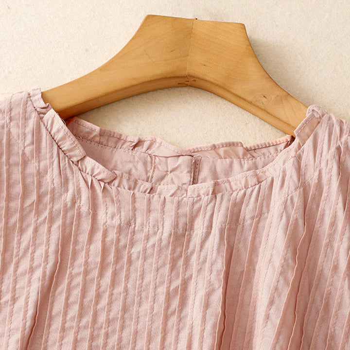 Buddha Stones Summer Pure Color Ruffled Pleated Design Women's Cotton Short Sleeve Shirt - image 3