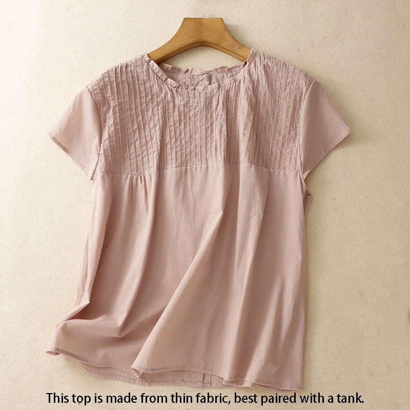 Buddha Stones Summer Pure Color Ruffled Pleated Design Women's Cotton Short Sleeve Shirt - image 1