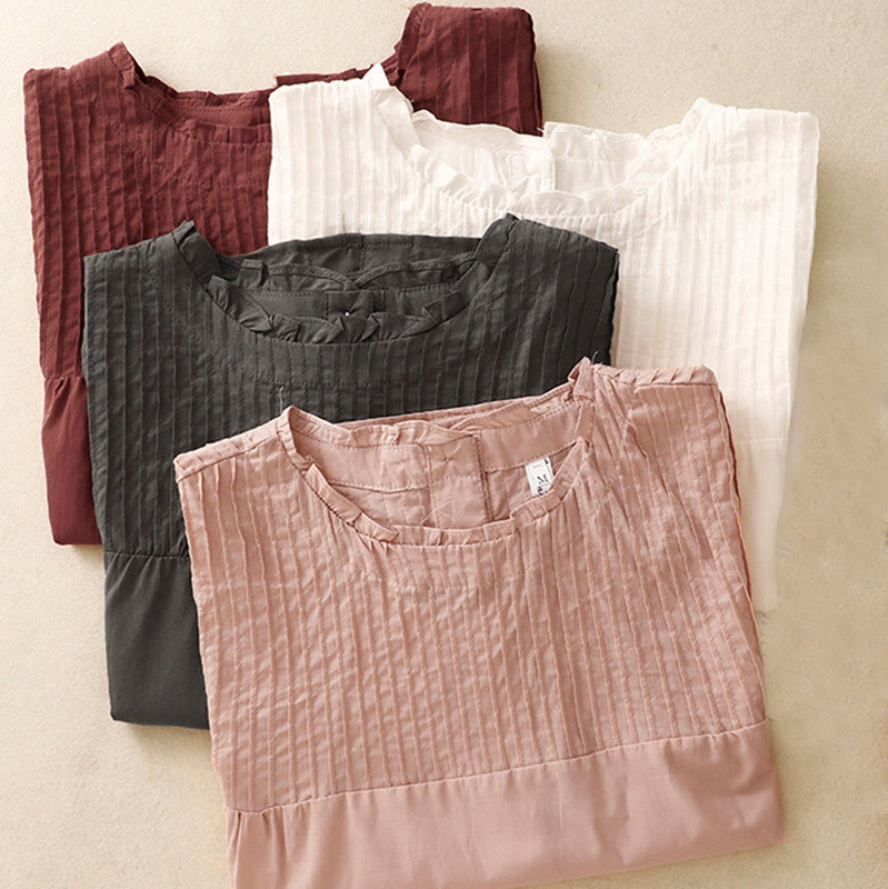 Buddha Stones Summer Pure Color Ruffled Pleated Design Women's Cotton Short Sleeve Shirt - image 19