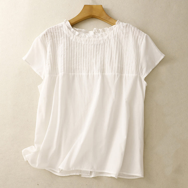 Buddha Stones Summer Pure Color Ruffled Pleated Design Women's Cotton Short Sleeve Shirt - White - US12，UK/AU16，EU44 (2XL) - image 11