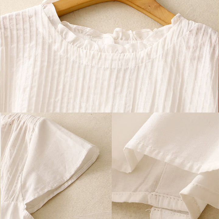 Buddha Stones Summer Pure Color Ruffled Pleated Design Women's Cotton Short Sleeve Shirt - image 14