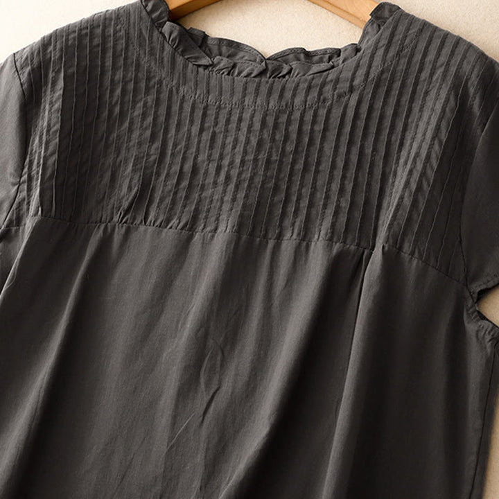 Buddha Stones Summer Pure Color Ruffled Pleated Design Women's Cotton Short Sleeve Shirt - image 8