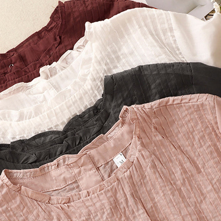 Buddha Stones Summer Pure Color Ruffled Pleated Design Women's Cotton Short Sleeve Shirt - image 21