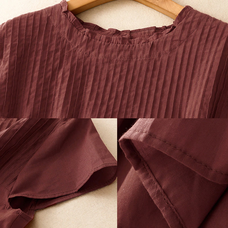 Buddha Stones Summer Pure Color Ruffled Pleated Design Women's Cotton Short Sleeve Shirt - image 18