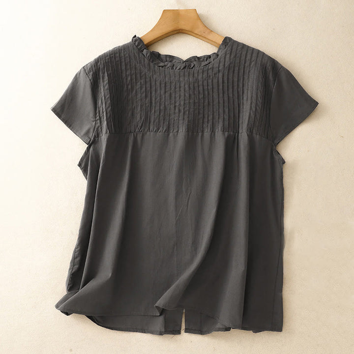 Buddha Stones Summer Pure Color Ruffled Pleated Design Women's Cotton Short Sleeve Shirt - DarkSlateGray - US12，UK/AU16，EU44 (2XL) - image 7