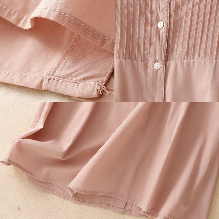 Buddha Stones Summer Pure Color Ruffled Pleated Design Women's Cotton Short Sleeve Shirt - image 6