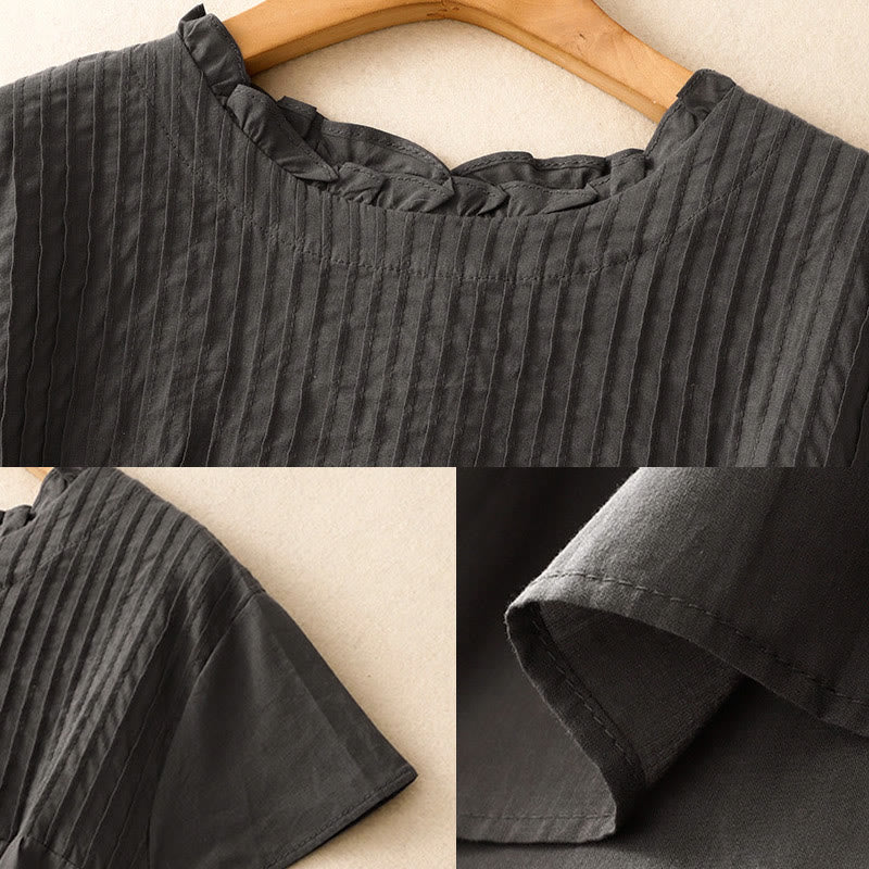 Buddha Stones Summer Pure Color Ruffled Pleated Design Women's Cotton Short Sleeve Shirt - image 11